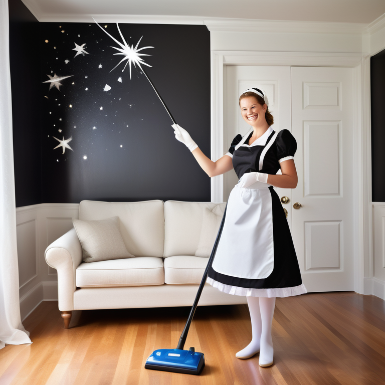 A smiling maid with a magic wand in a sunlit, tidy room, with art on walls and a vacuum nearby.