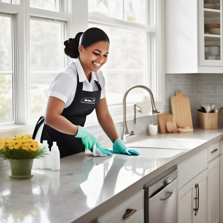 A cheerful professional maid cleaning a spotless modern kitchen, reflecting efficiency and cleanliness.
