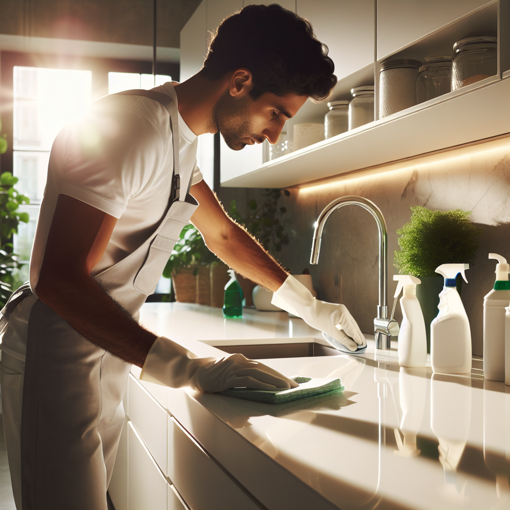 A professional cleaner tidying a sparkling kitchen, conveying cleanliness and efficiency.