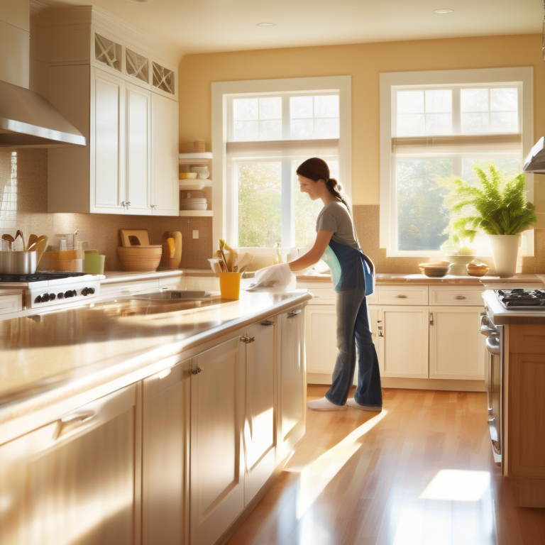 A spotless kitchen with a satisfied cleaning team and sunlit clean surfaces.