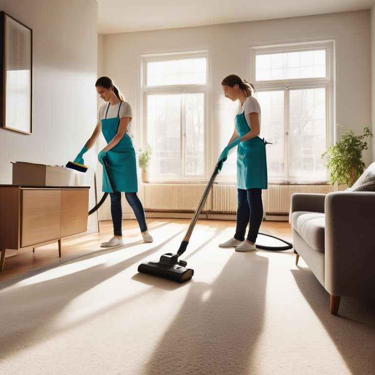 A cleaning crew tidies up a sunlit apartment, showcasing the space's readiness for new residents.