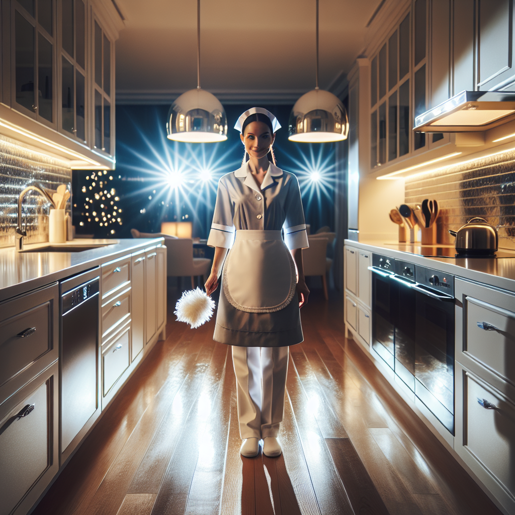 Professional maid standing in a spotless kitchen, representing quality cleaning services.