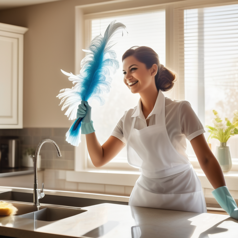 Uniformed maid with feather duster stands in a sunlit, immaculate kitchen, symbolizing professional cleaning services.