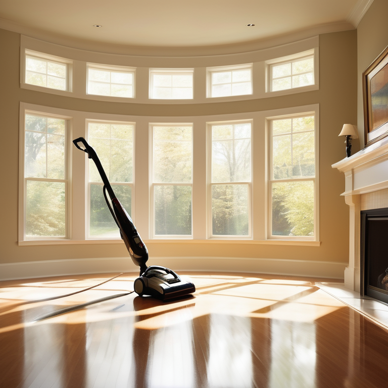 Sunlit empty living room with a vacuum cleaner, gleaming surfaces, and wet footprints leading to the open door.