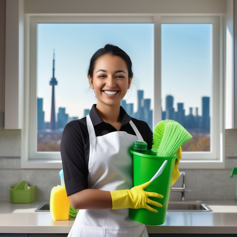 Illustration of a smiling maid with green cleaning products in a gleaming kitchen with Toronto's skyline.