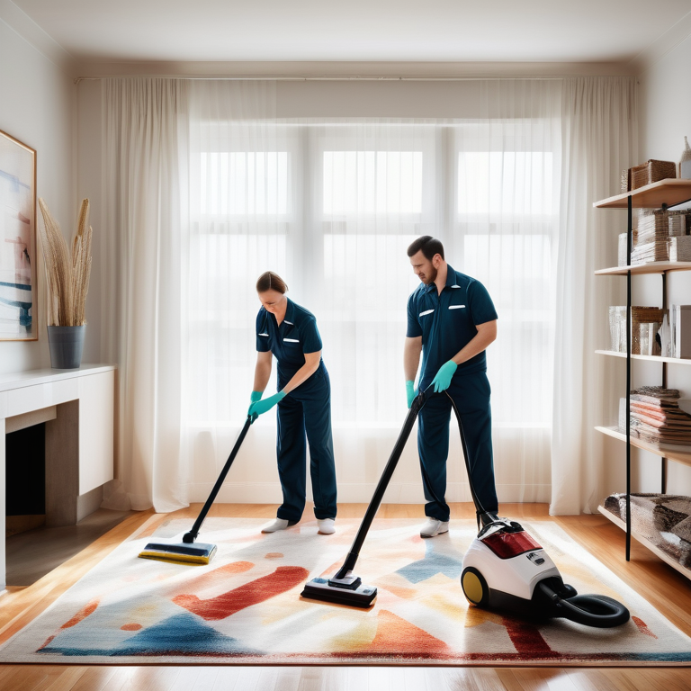 Professional cleaners tidying a sunlit, spotless living room with vacuum and duster.