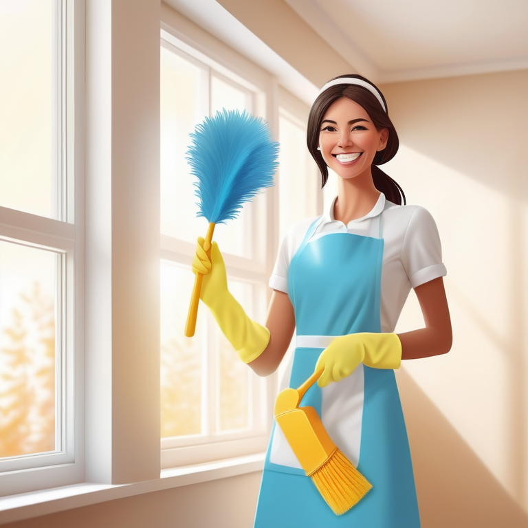 Cartoon maid with a duster in a bright, freshly cleaned home interior, embodying cleanliness and efficiency.
