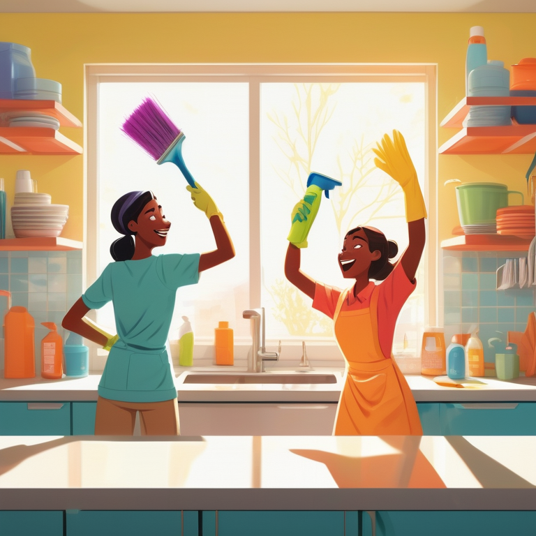 Animated cleaning agents tidying a bright kitchen, symbolizing efficient housekeeping.
